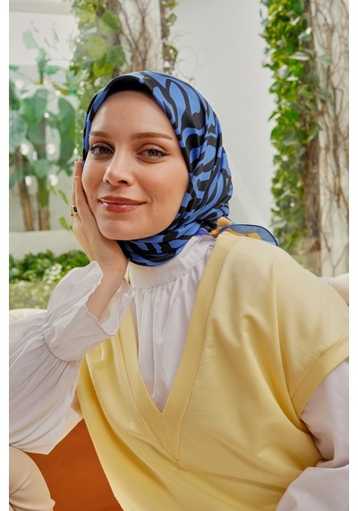 Afvente Yaprak Desen Soft Pamuk Eşarp Mavi