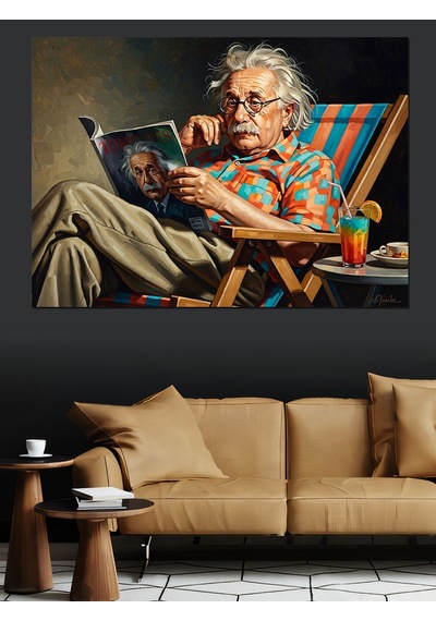 Kitap Okuyan Gözlüklü Yaşlı Einstein Dekoratif Kanvas - Mdf Ahşap Tablo