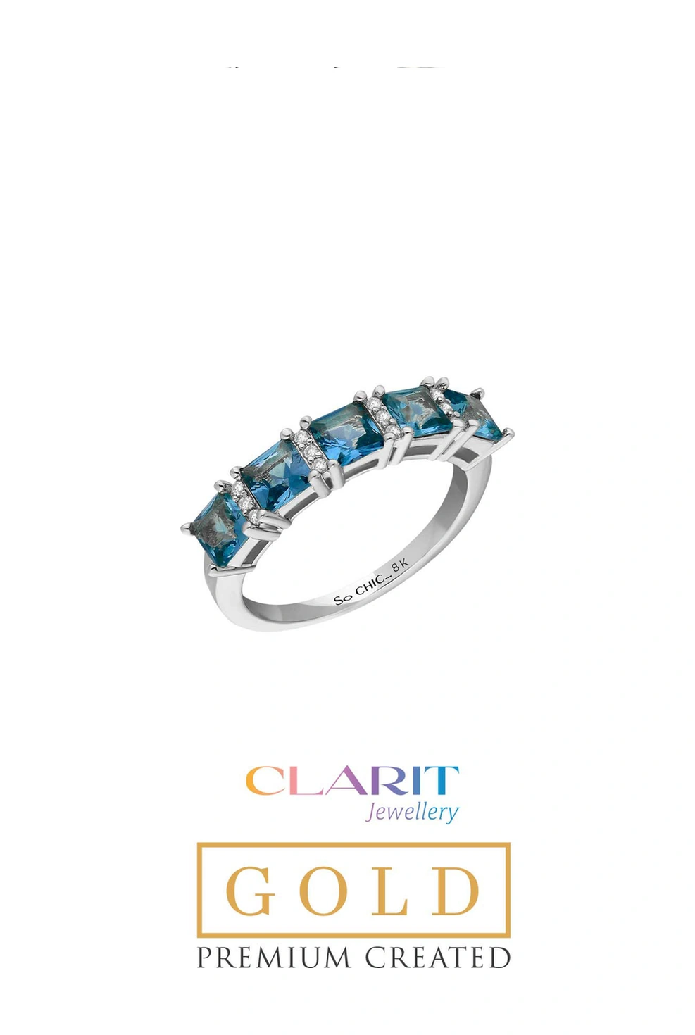 Created Aquamarine Taşlı Clarit Serisi 8 Ayar Beyaz Altın Beştaş Yüzük