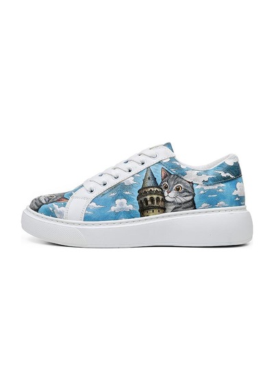 Kadın Vegan Deri Beyaz Sneakers - Galata Cat Tasarım Çok Renkli