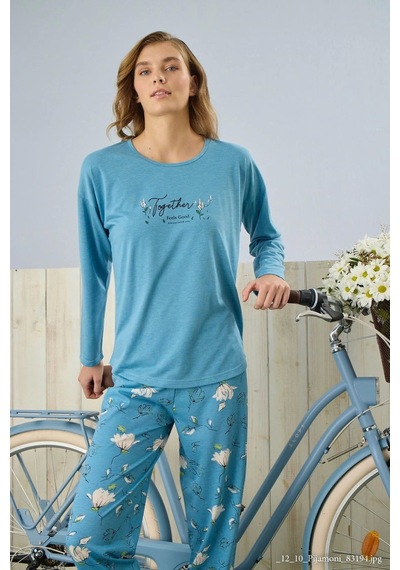 Pijamoni Polyviskon Uzun Kollu Mavi Pijama Takımı - 7300 Mavi