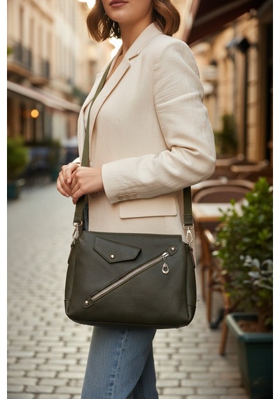 Enoch Kadın Pürüzsüz Doku Çapraz Fermuar Ve Trok Detaylı Postacı Çantası Haki