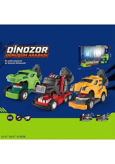 Dinozor Dönüşen Araba Çarpınca Açılan Robot Kamyon Sürtmeli Oyuncak İş Makinesi Yeşil Çok Renkli