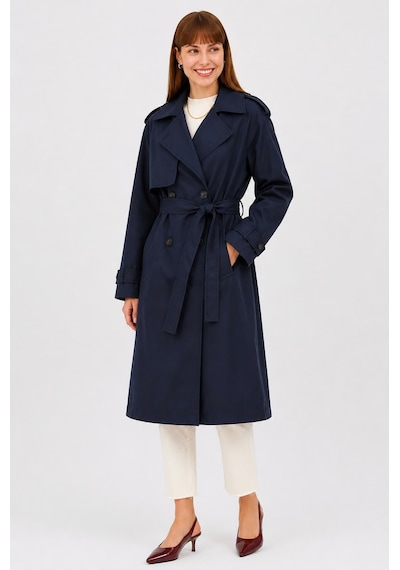 Ressho Kadın Kemerli Uzun Trençkot Su Geçirmez, Astarlı, Oversize Model Lacivert