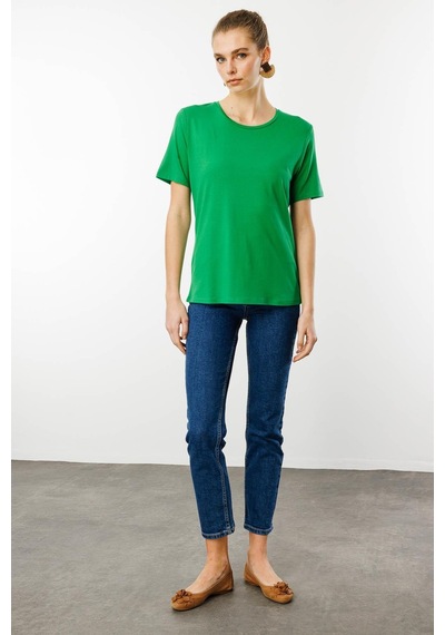 Kadın Sıfır Yaka Basic Penye T-shirt A.yeşil Yeşil