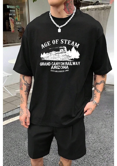Uyguntarz Unisex Age Of Steam Baskılı Şort Takım Siyah