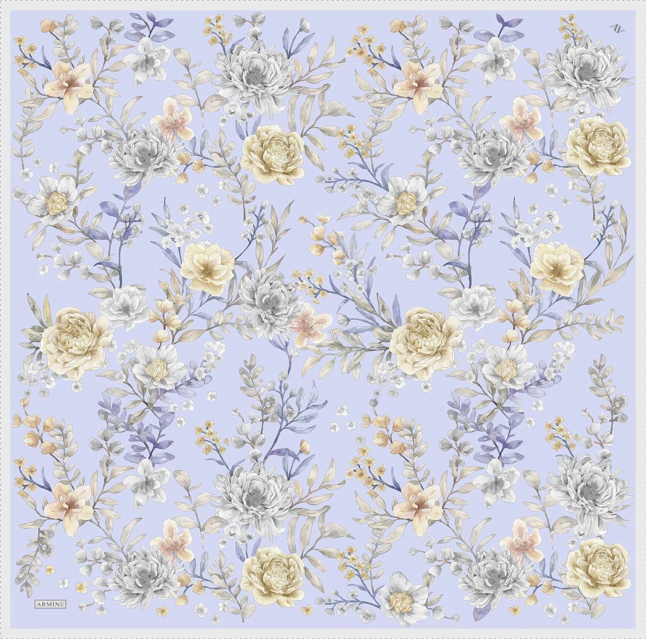 Armine Çiçek Desenli Saf İpek Twill Eşarp 9347d 82 Mavi