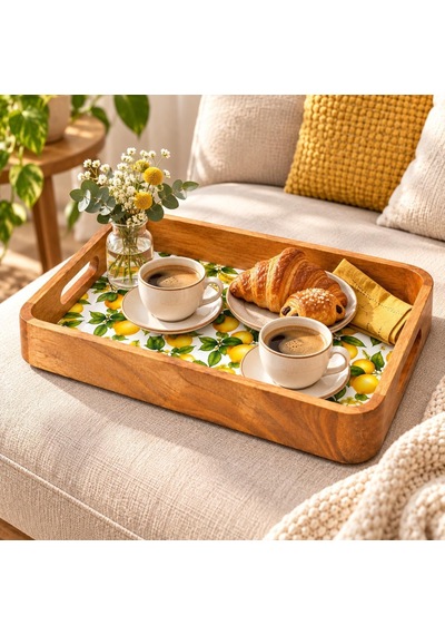Mango Ağacı Dikdörtgen Servis Tepsisi, 33 X 22 X 4,70 Cm Limon Desenli Ahşap Sunum Tepsisi, Yüksek Kenarlı Kahvalt