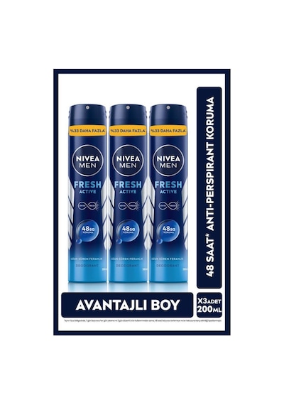 Men Erkek Sprey Deodorant Fresh Active 200ml,ter Kokusuna Karşı 48 Saat Koruma,avantajlı Boy,x3 Adet