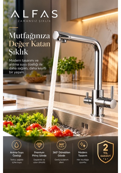 Alfas Pirinç Arıtmalı Mutfak Evye Bataryası Krom 3 Yollu Sıcak-soğuk-arıtmalı Musluk