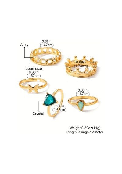 Lavin 6 Adet Yeşil Taşlı Aşk Temalı Şık Vintage 14 Şubat Sevgiliye Hediye Gold Altın Yüzük Seti