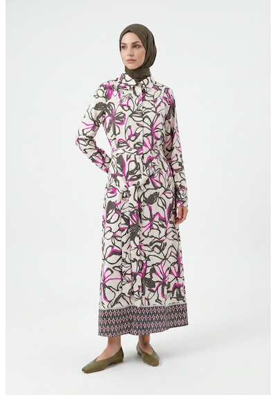 Armine Trend Beli Kemerli Ve Boydan Düğmeli Desenli Tunik Pembe 25yt421