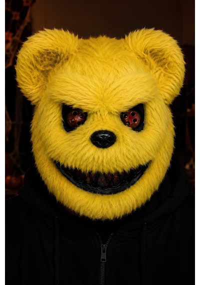 Sarı Tüylü Korku Ayı Maskesi Halloween Cadılar Bayramı Tam Yüz Kostüm Maskesi Tüm Yaşlar