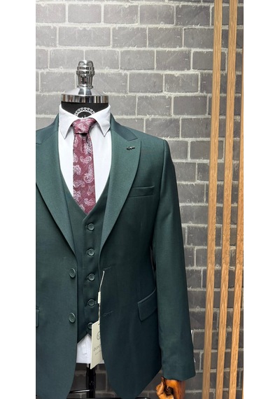 Dupont Classics Erkek Slim Fit 6 Drop Sivri Yaka Yelekli Kırçıllı Çift Yırtmaç Takım Elbise Yeşil