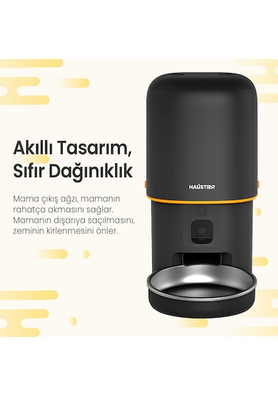 Haustier Pf05 Siyah Kameralı 1080p Fhd Gece Görüş Akıllı Otomatik Kedi Mama Kabı, Tuya App-wifi Uzaktan Kontrol, Sesle Çağırma, 2.4ghz-5ghz, 4lt Hazne, Metal Kase