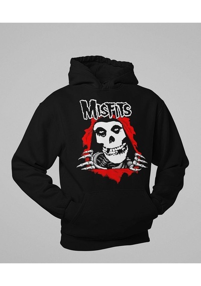 Sevbano Misfits Baskılı Unisex Oversize Rock Metal Hoodie Siyah