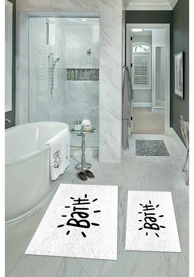 Buççin Online Mağaza Dijital Baskılı Kaymaz Yıkanabilir Bath İkili Banyo Takımı Klozet Takımı Polyester Beyaz Çok Renkli