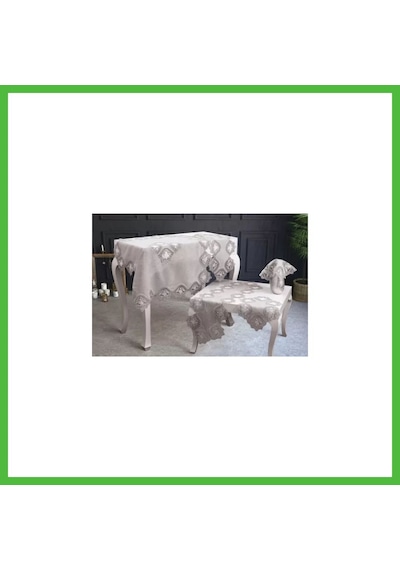 Vaveni Salon Takımı 5 Parça Keten Dantelli Masa Örtüsü Runner Seti Çeyizlik Flowers Model No 9964 Kapiçino Arz Çok Renkli