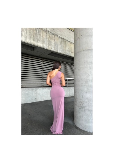 Lior Design Kadın Trend Model Sandy Kumaş Tek Omuz Balık Kesim Abiye Elbise Gülkurusu