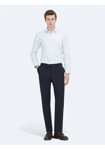 Kip Koyu Mavi Düz Slim Fit Uzun Dokuma Klasik %100 Pamuk Gömlek