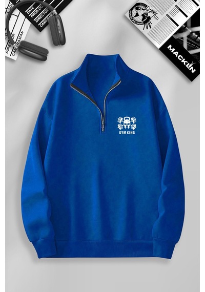 Macklin Unisex Kadın Erkek Gym King Baskılı Yarım Fermuarlı Dik Yaka Basic Sweatshirt Mavi Mck1166 Mavi