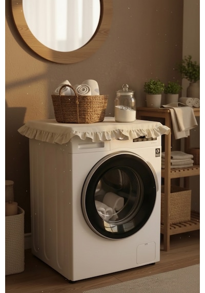 Vintage Fırfırlı Çamaşır Makinesi Örtüsü - Çeyizlik Pamuklu Dekoratif Banyo Makine Kılıfı Bej