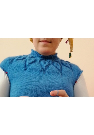Kemzey Handmade Saks Mavisi Triko Elbise , Örgü Yaprak Desenli Midi Elbise Saks