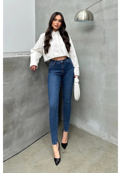 Kadın Orta Mavi Yüksek Bel Skinny Jean Pantolon Dar Paça Esnek Denim Kot 26