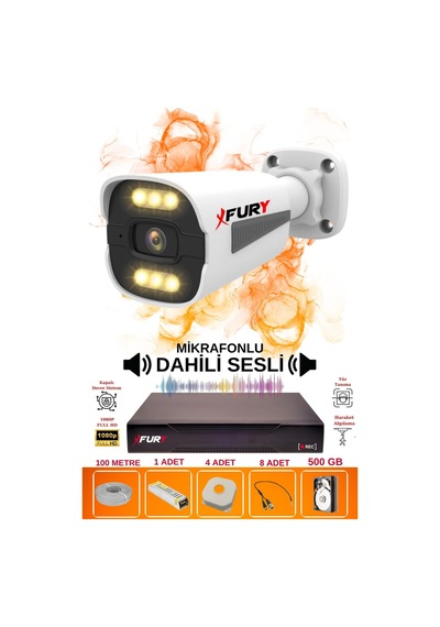 Fury 1 Li Sesli 6 Warm Led Gece Renkli Görüş Su Geçirmez Güvenlik Kamerası Seti 500gb