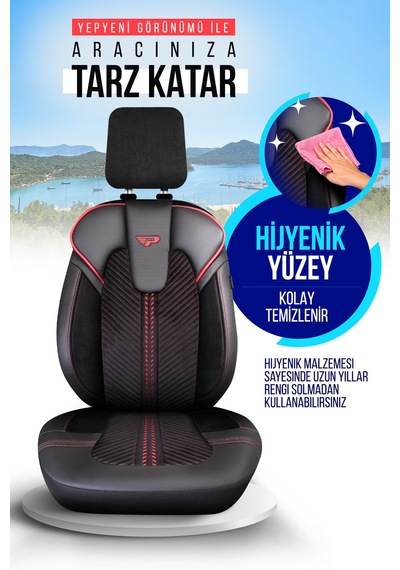 Siyah - Kırmızı Panda Monte Carlo Serisi Velor Kadife Kumaş Oto Koltuk Kılıfı - Tam Set