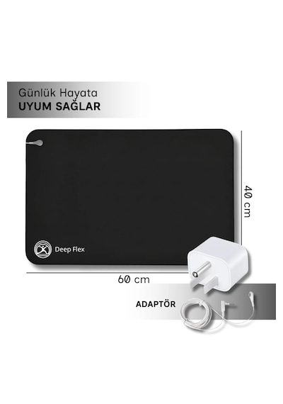 Deepflex Topraklama Matı Seti Kablo + Priz Adaptörü Dahil Kaydırmaz, Suya Dayanıklı 40x60 Cm Siyah
