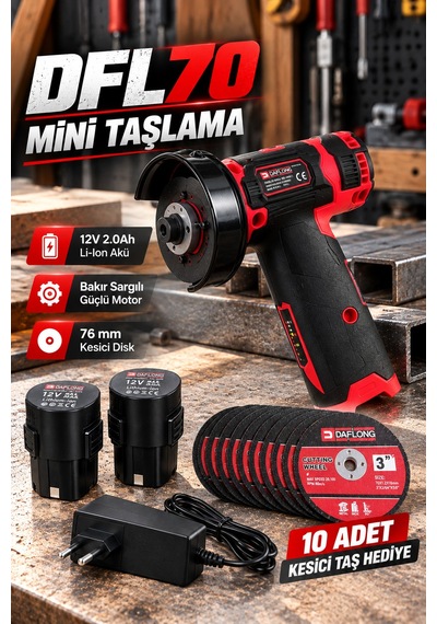Dfl70 12v 2.0ah Çift Akülü Mini Taşlama Makinesi 76 Mm Kesici Disk 10 Adet Taş Hediyeli