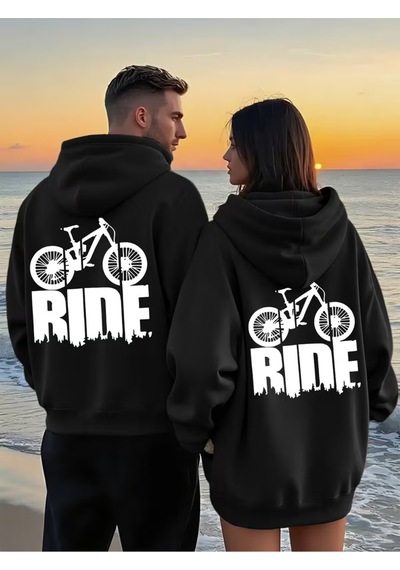 Nevermind Sevgili Çift Kombin Hoodie 2'li Set Ride Baskılı Unisex Oversize Siyah