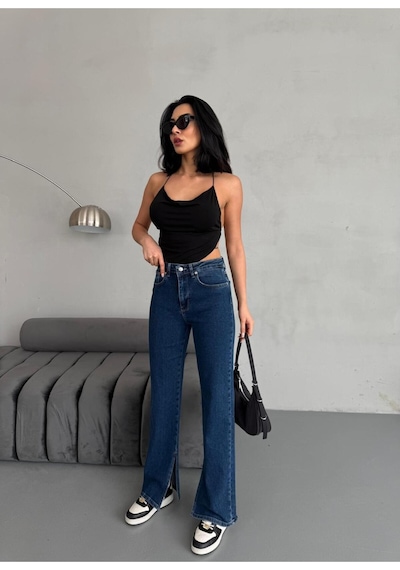 Yırtmaç Detaylı Boru Paça Dark Blue Lycra Jean Mavi+dark
