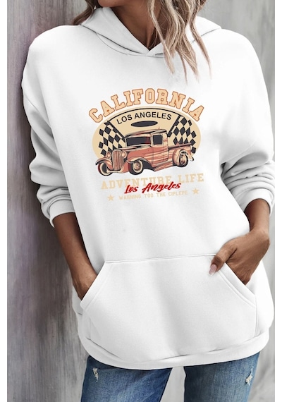 Uyguntarz Unisex California Baskılı Kapüşonlu Sweatshirt beyaz