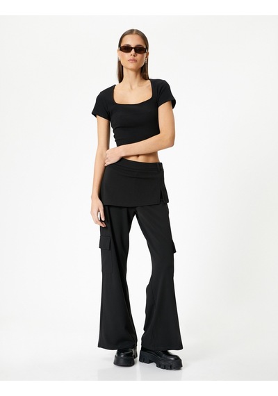 Koton Sırt Dekolteli Tişört Crop Kısa Kollu Fitilli Slim Fit Siyah 4sal10804ık Siyah