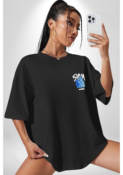 Birlikte Kal Siyah Oversize Unisex Ön Sol Yan Minimal Baskılı Tişört Koyu Siyah
