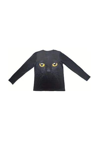 Soonaksesuar Kadın Uzun Kollu Bisiklet Yaka Kedi Desenli Süprem Bluz Siyah
