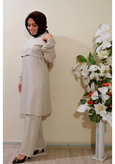 Deryam Tekstil Kadın Sofya Keten Tunik Pantolon Takımı Krem 46 Beden Krem