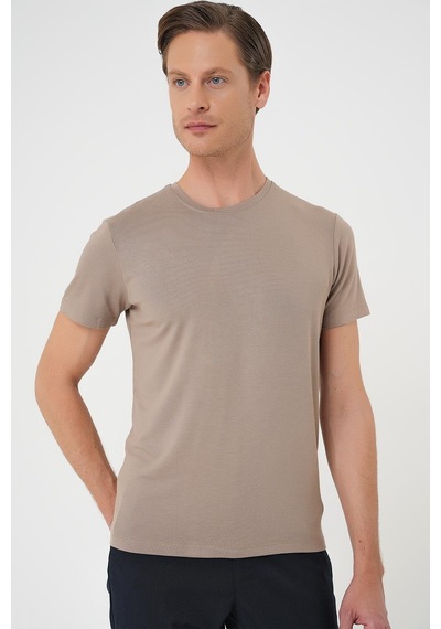 Efor Slim Fit Bisiklet Yaka Düz Pamuklu Vizon Tişört Ts 823 Vizon
