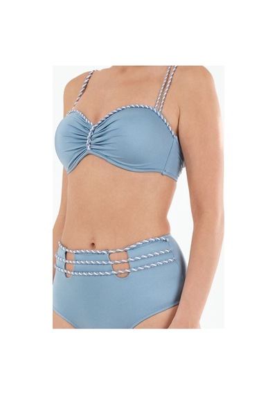 Louren Kadın Siyah/mavi Biye Detaylı Kaplı Telli Yüksek Bel Straplez Bikini Takımı Mavi