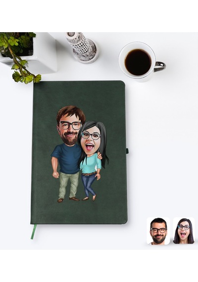 Kişiye Özel Sevgililer Karikatürlü Yeşil Termo Deri Defter Model N11.231