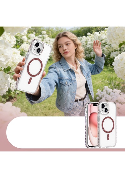 Apple iPhone Uyumlu 15 Kılıf Magsafe Şarj Özellikli Taşlı Lüx Tasarım Tera Silikon Kapak Mürdüm