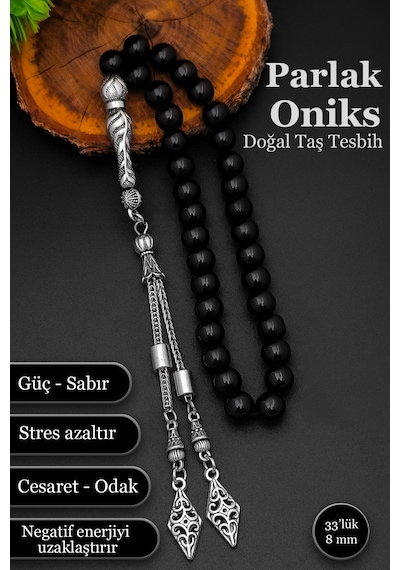 Erkek Oniks Taşlı Tesbih 8 Mm Doğal Taş Oniks Tesbih Bt044 Siyah