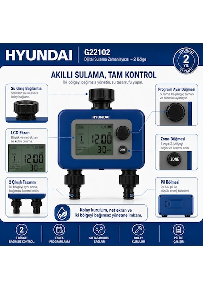 Hyundai G22102 Dijital Sulama Zamanlayıcısı 2 Bölge 2 Çıkışlı Bahçe Sulama Timer