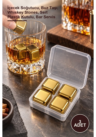 3 Adet Paslanmaz Çelik Viski Taşı İçecek Soğutucu, Buz Taşı, Whiskey Stones, Sert Plastik Kutulu, Bar Servis Altın