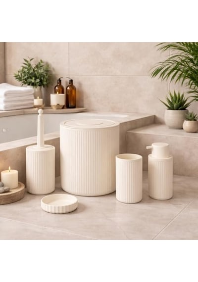 5 Li Limon Rengi Banyo Seti Çöp Kovası, Sıvı Sabunluk, Diş Fırçalık, Sabunluk Ve Wc Fırçası Modern Çizgili Şık Tasarım Diğer