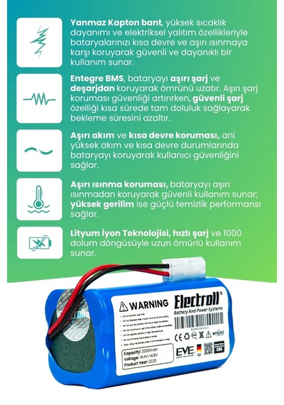 Xiaomi Robot Vacuum E10 Uyumlu Batarya Ultra Yüksek Kapasite 3200mah Robot Süpürge Bataryası - B112