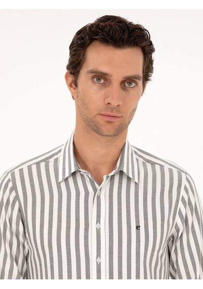 Cacharel Gri Slim Fit Çizgili Pamuk Gömlek