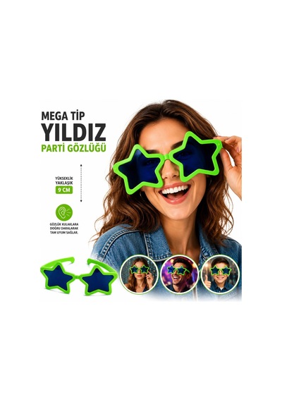 Mey İthalat Mega Tip Yıldız Parti Gözlüğü Yeşil Renk Çok Renkli